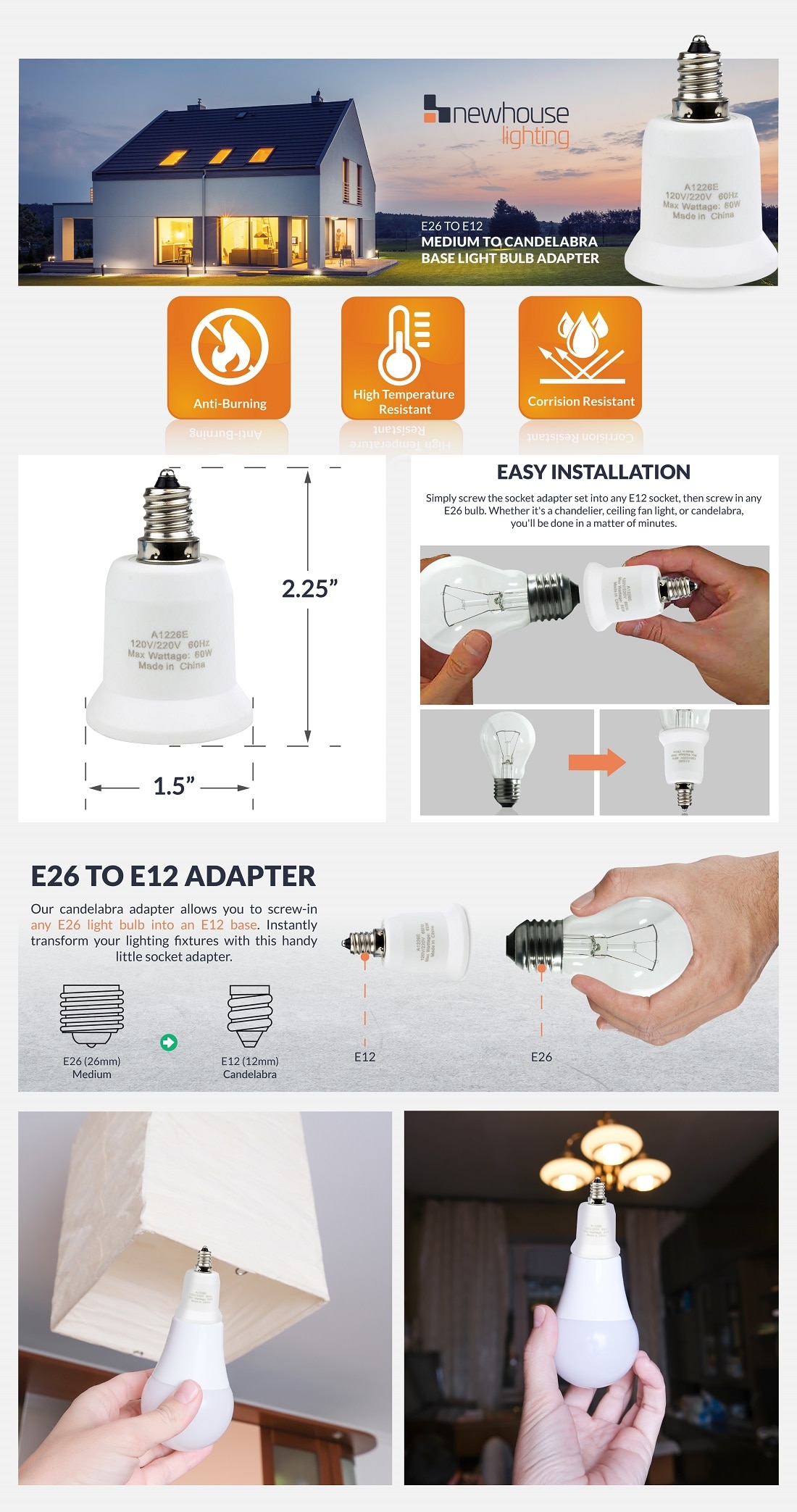 Adamax Candelabra to Standard Base (E12 to E26) Light Bulb Adapter